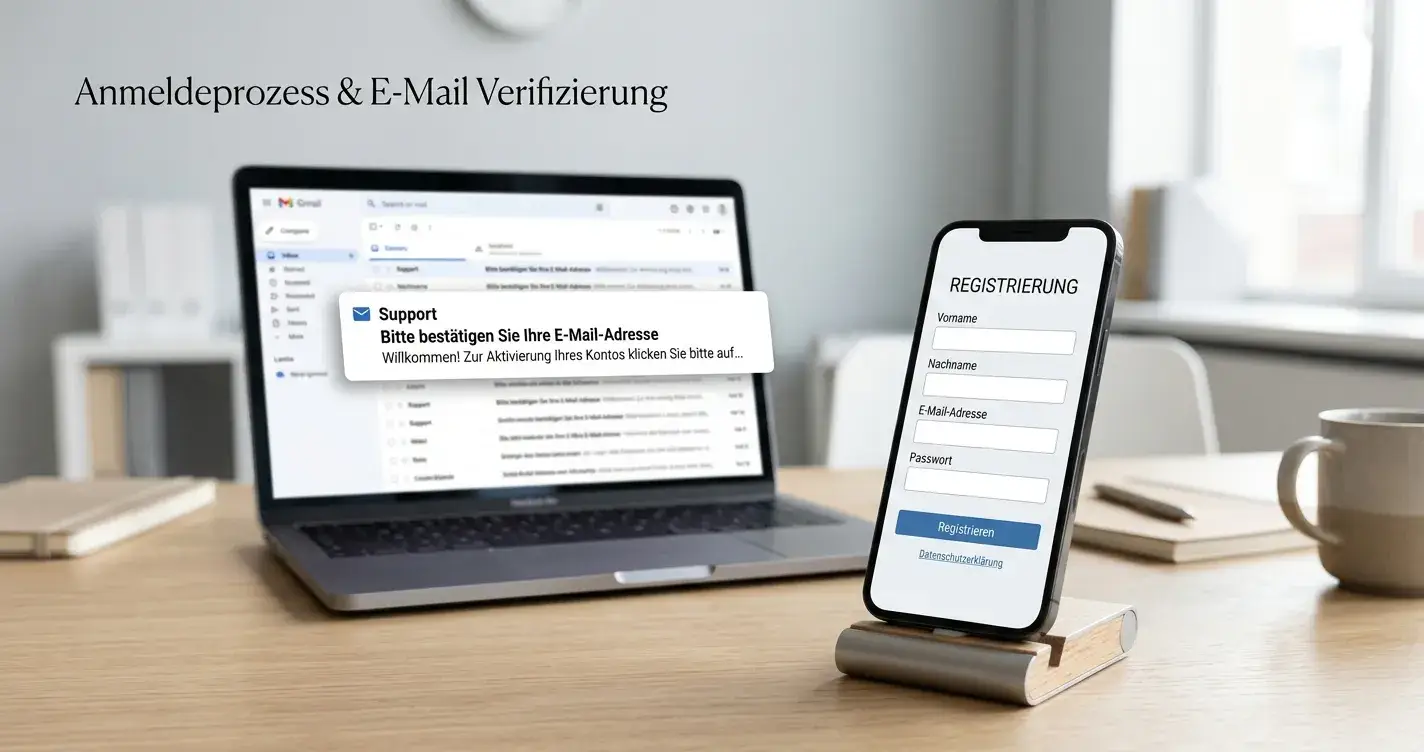 Smartphone mit Casino-Registrierungsbildschirm und Verifizierungs-E-Mail