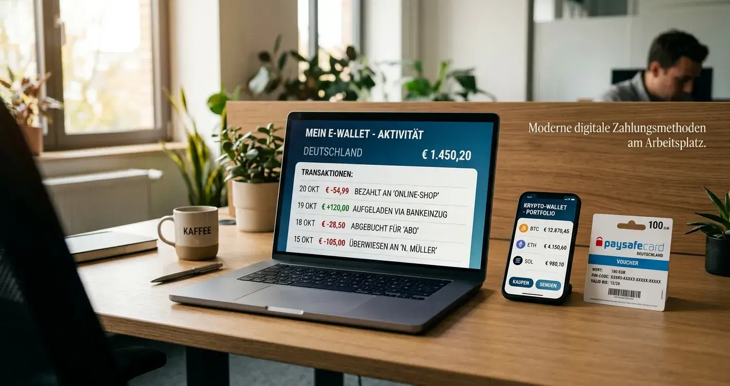 Laptop mit E-Wallet-Interface, Krypto-Wallet-App auf Smartphone, Paysafecard-Gutschein