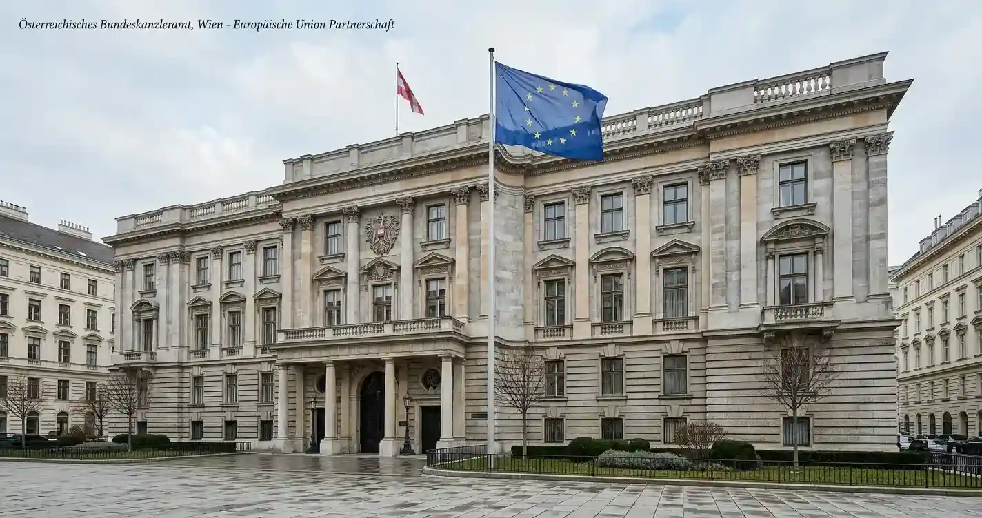 Österreichisches Regierungsgebäude mit EU-Flagge, symbolische Lizenzierung