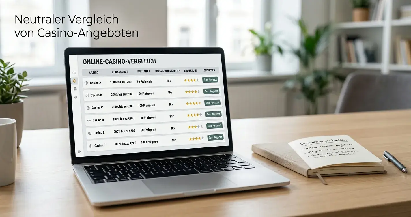 Übersichtliche Vergleichstabelle mit neutralen Casino-Angeboten auf einem Laptop