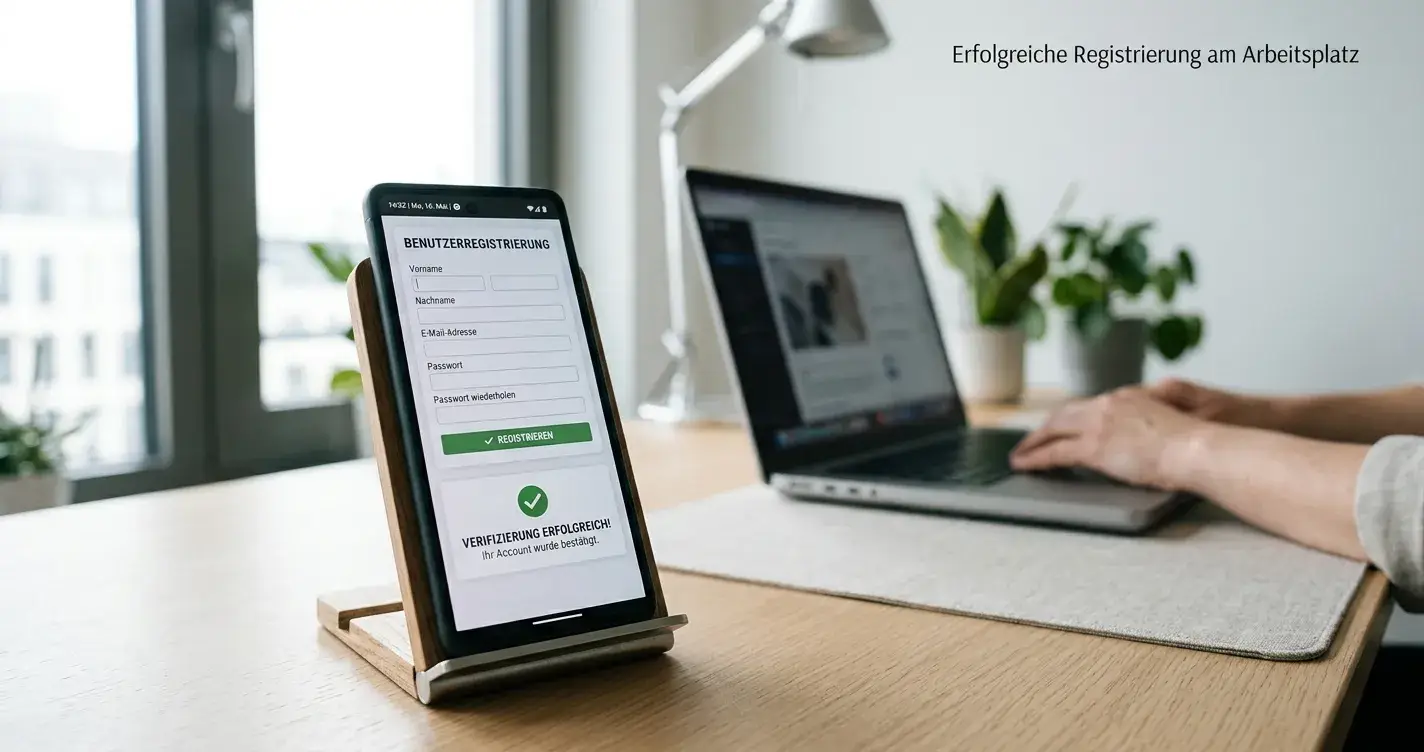 Smartphone mit neutralem Registrierungsformular und sichtbarer Verifizierungsnachricht