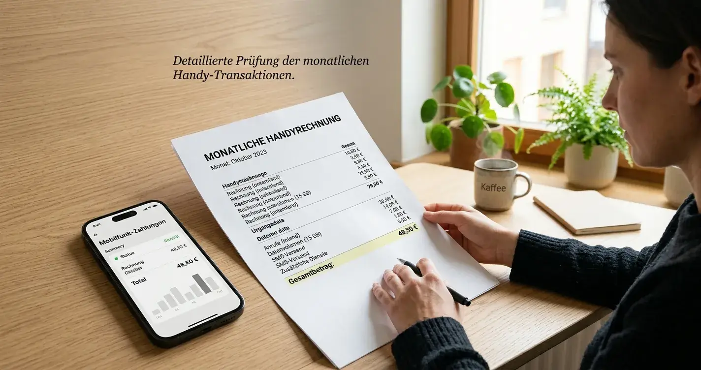 Person prüft monatliche Handyrechnung mit Transaktionsdetails neben Smartphone