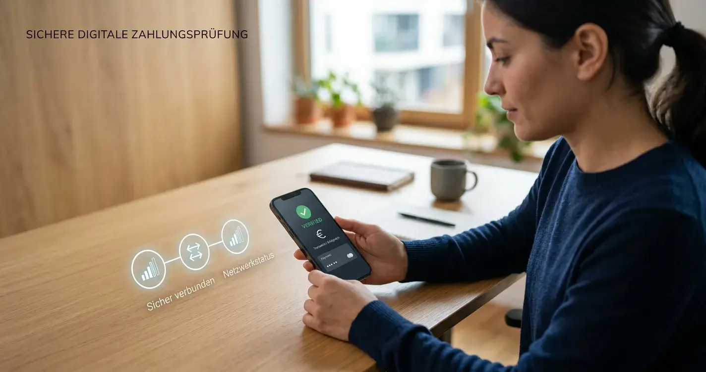 Person prüft SMS-Bestätigung und Mobilfunkabrechnung am Schreibtisch