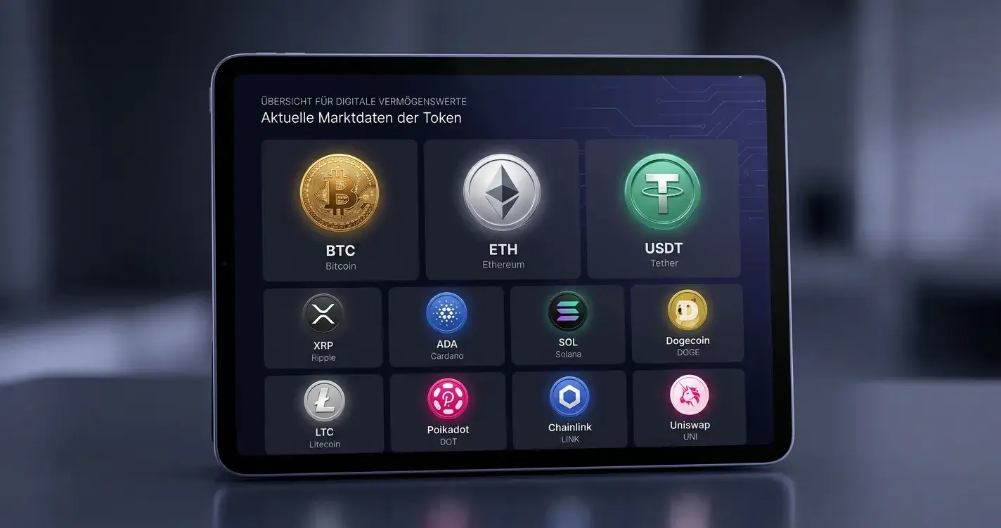 Bitcoin, Ethereum und USDT Token-Symbole auf digitalem Display