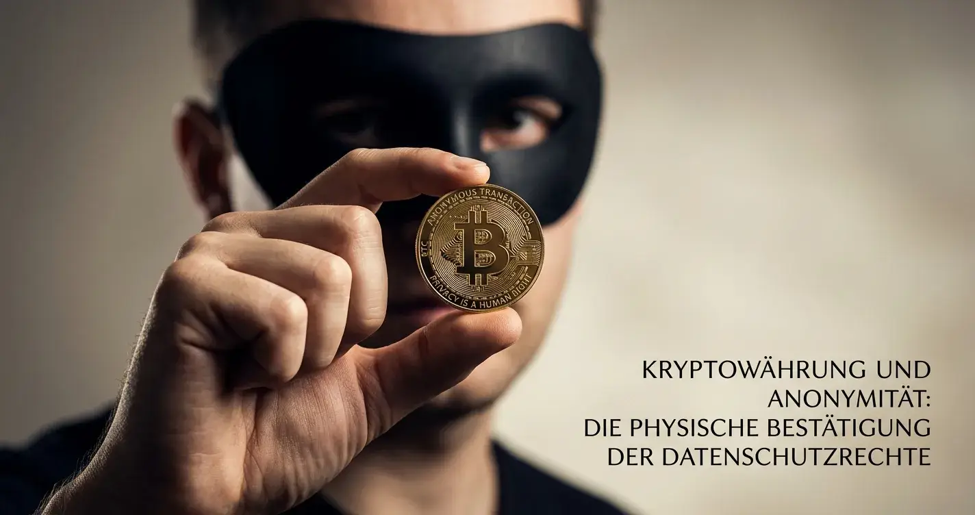 Person mit Maske hält Bitcoin-Münze vor verschwommenem Hintergrund