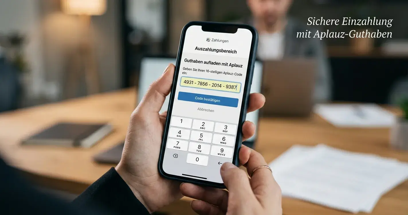 Smartphone mit Casino-Kassierbereich und Aplauz-Code-Eingabe