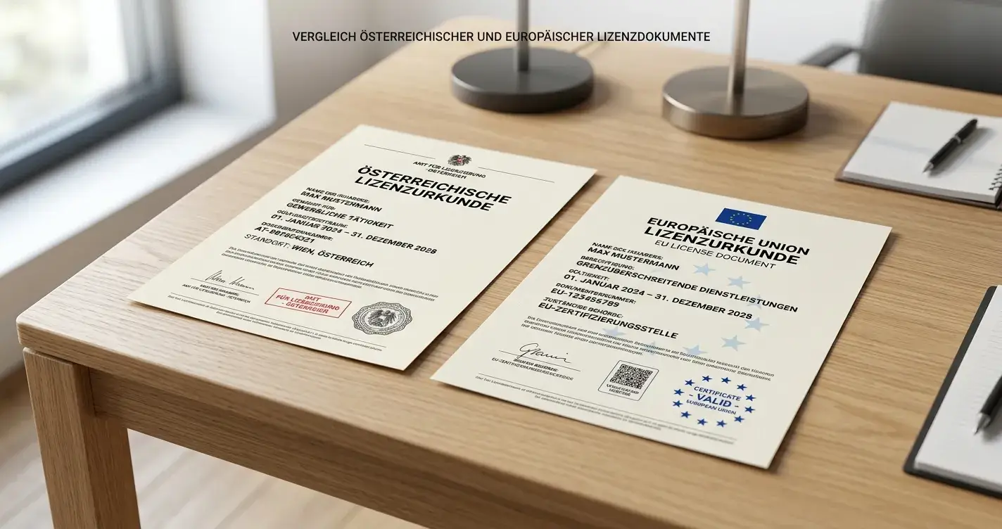 Zwei Dokumente nebeneinander — österreichisches Konzessionsdokument und EU-Lizenz