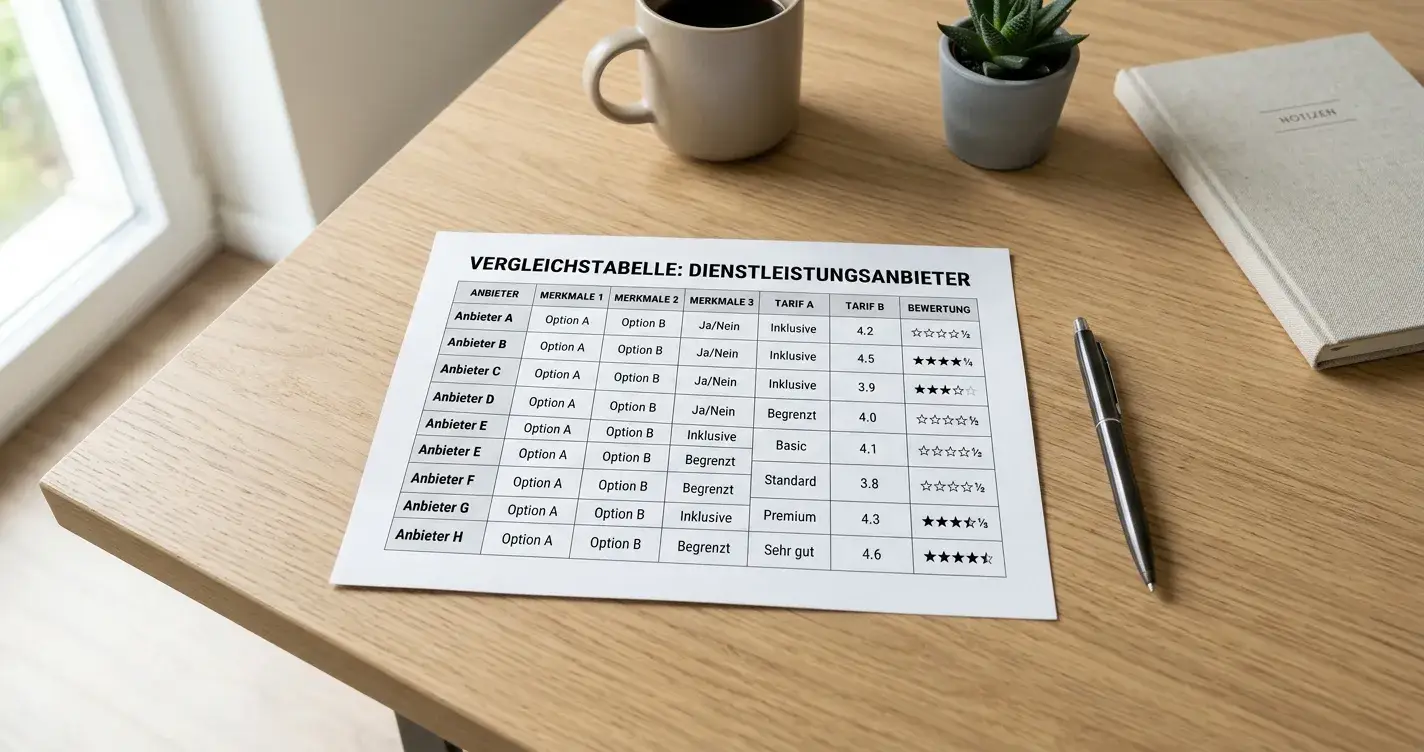 Aufgeräumter Schreibtisch mit einem gedruckten Vergleichsdokument mehrerer ausländischer Online-Casino-Anbieter