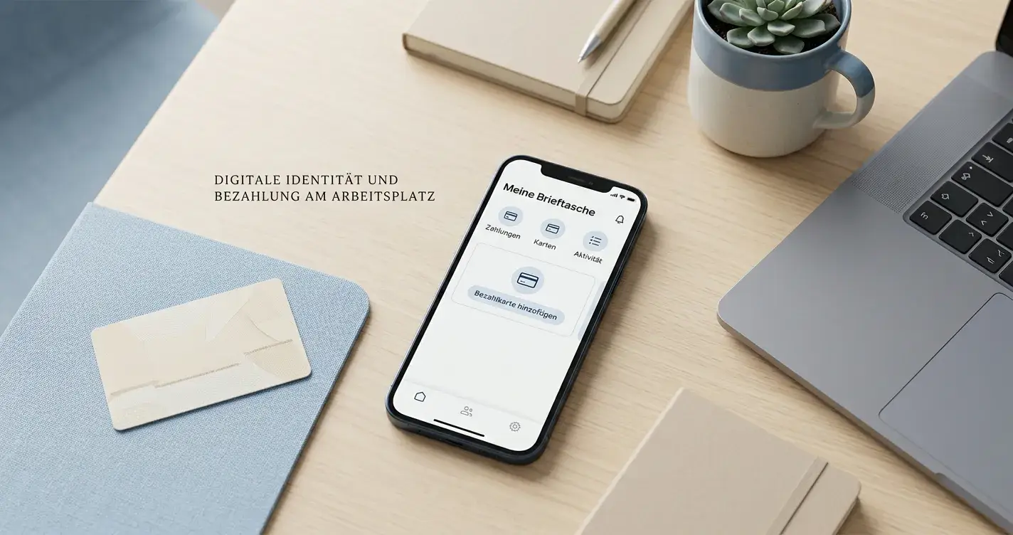 Schreibtisch mit E-Wallet-App auf dem Smartphone und einem Ausweis neben dem Laptop