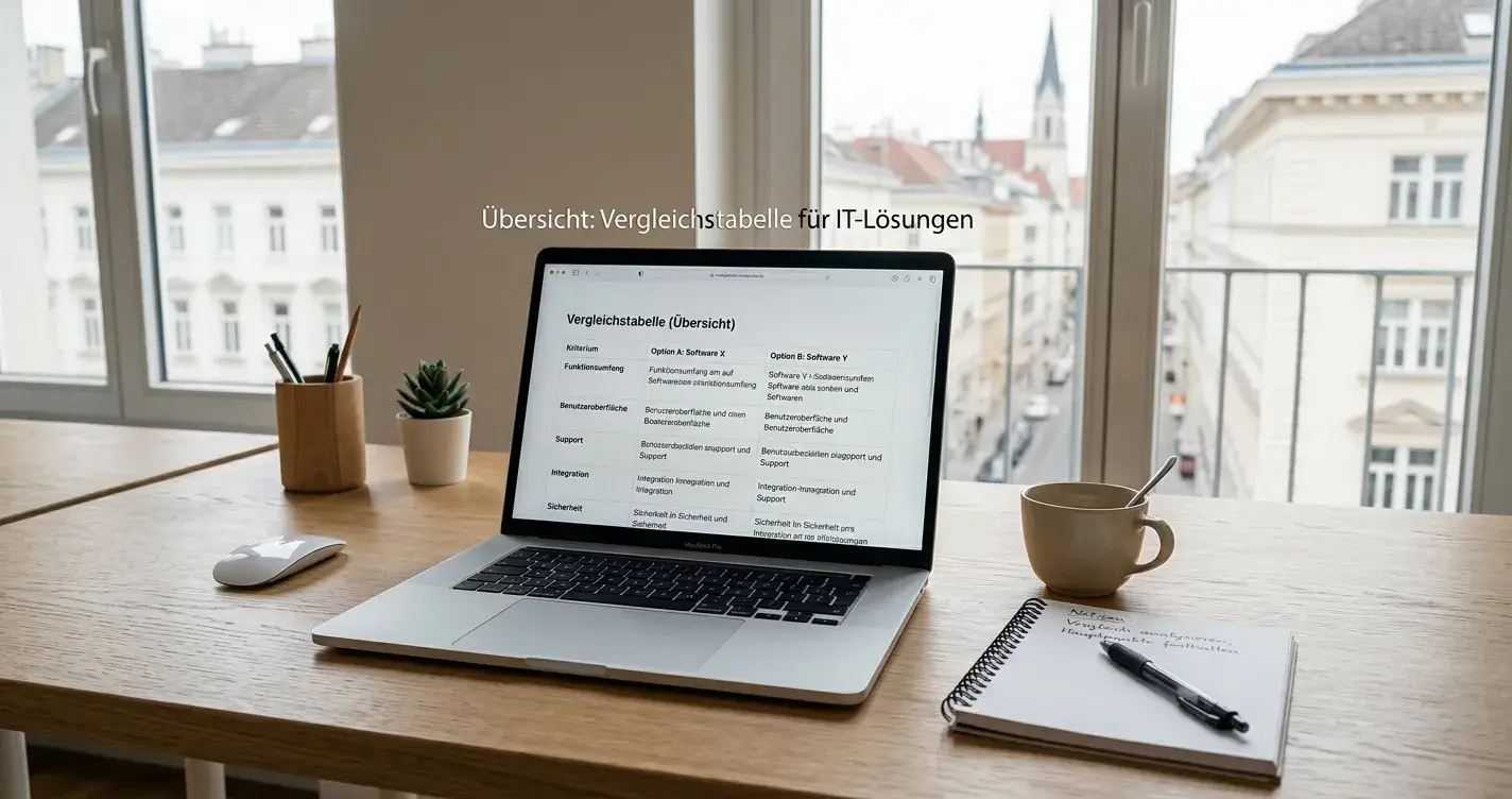 Schreibtisch mit neutralem Laptop-Display und Notizbuch, städtisches Büroumfeld