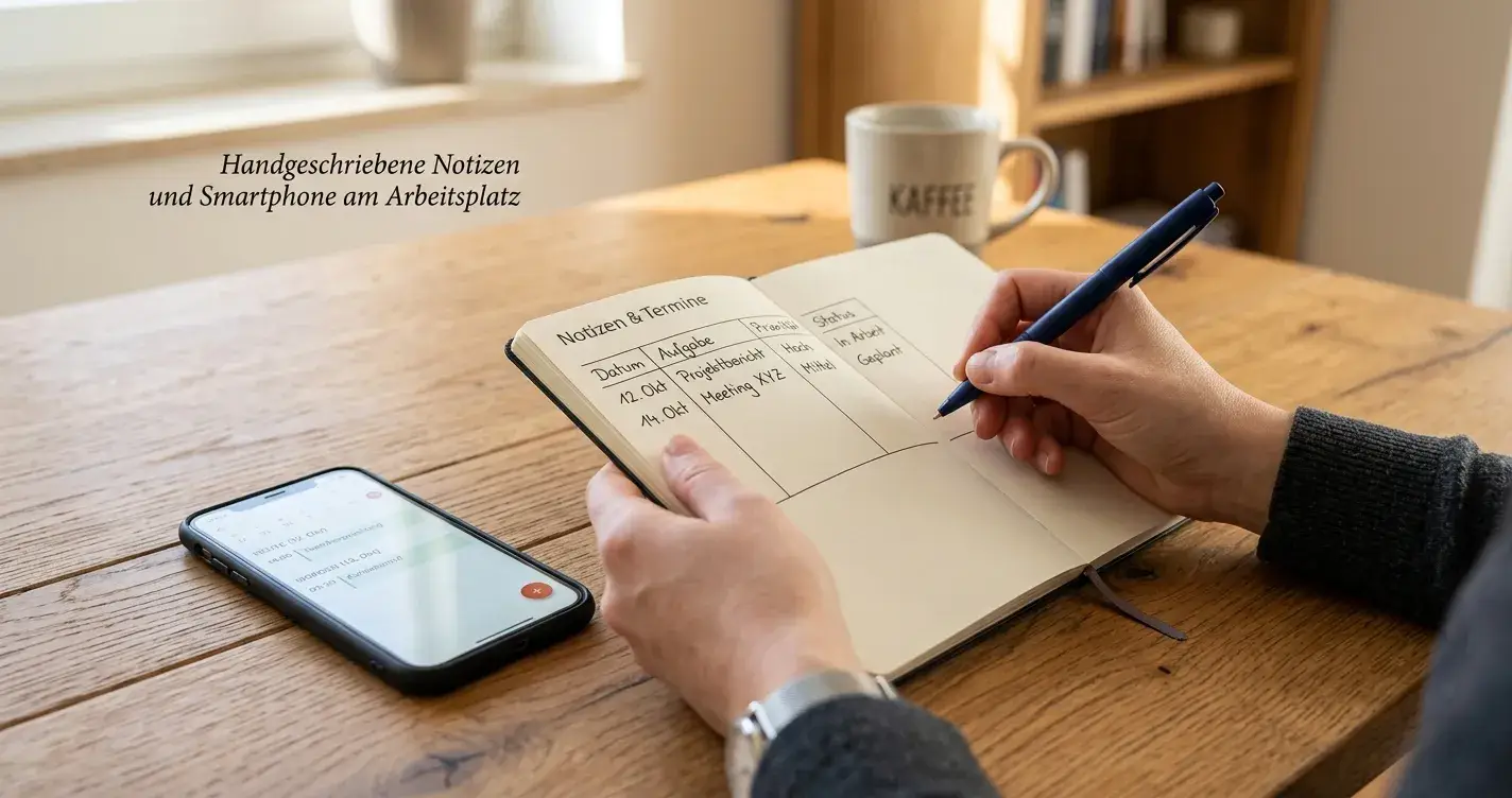 Person mit Notizbuch und einfacher Tabelle, neutraler Hintergrund, keine Geldscheine
