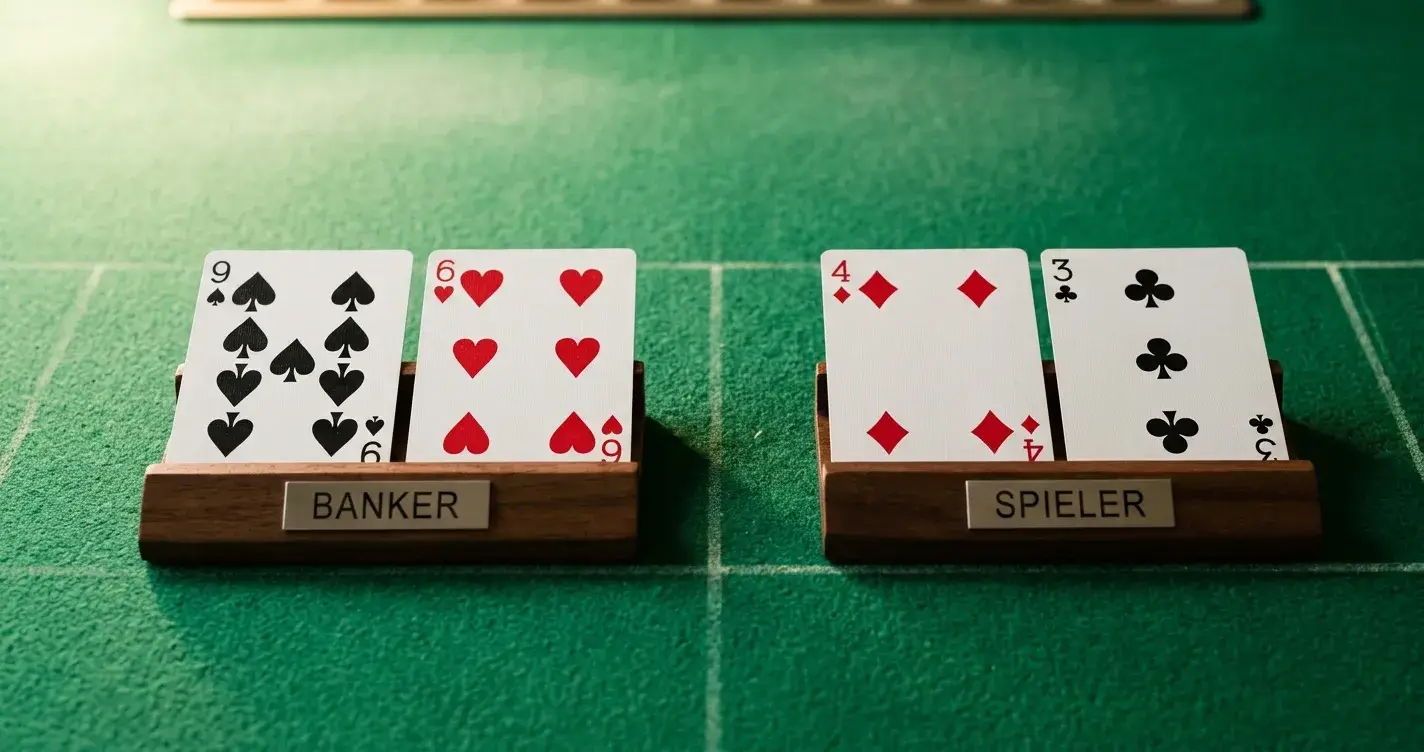 Nahaufnahme Baccarat-Karten auf grünem Filz, Banker- und Player-Positionen klar markiert