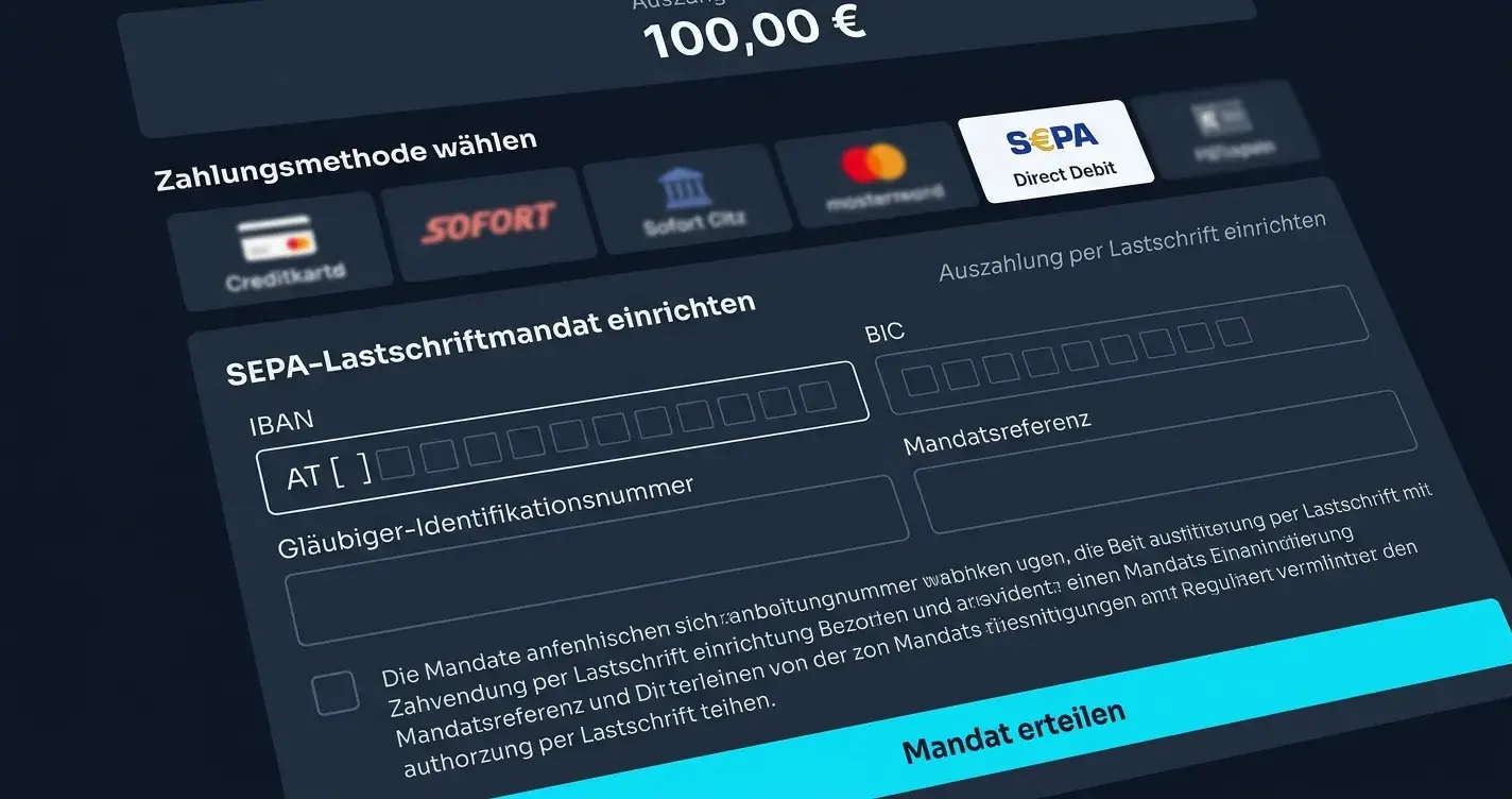 Screenshot Casino-Cashier mit IBAN-Eingabefeld und Mandatstext