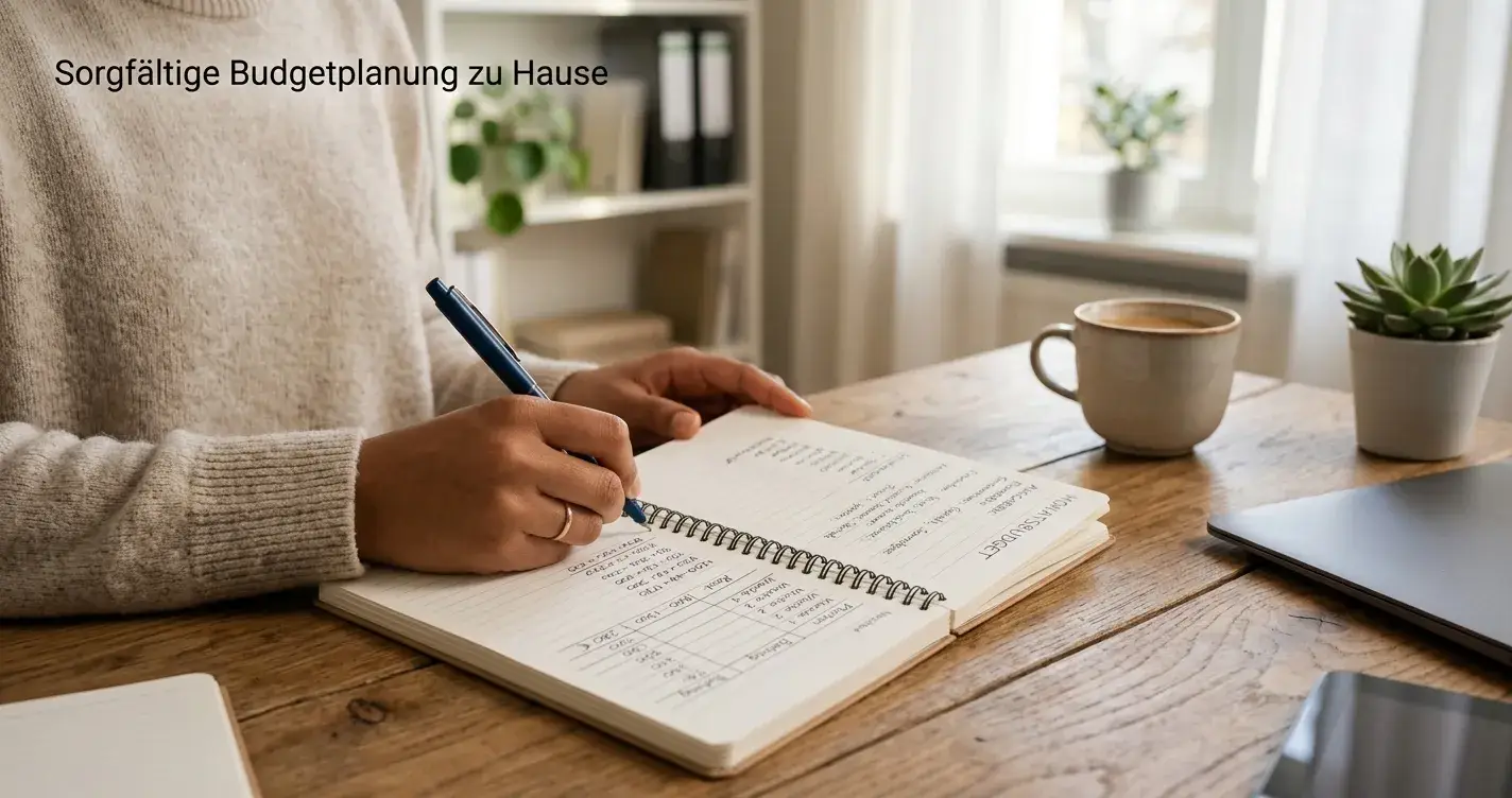 Person mit Notizbuch und Stift kalkuliert Budget am Schreibtisch