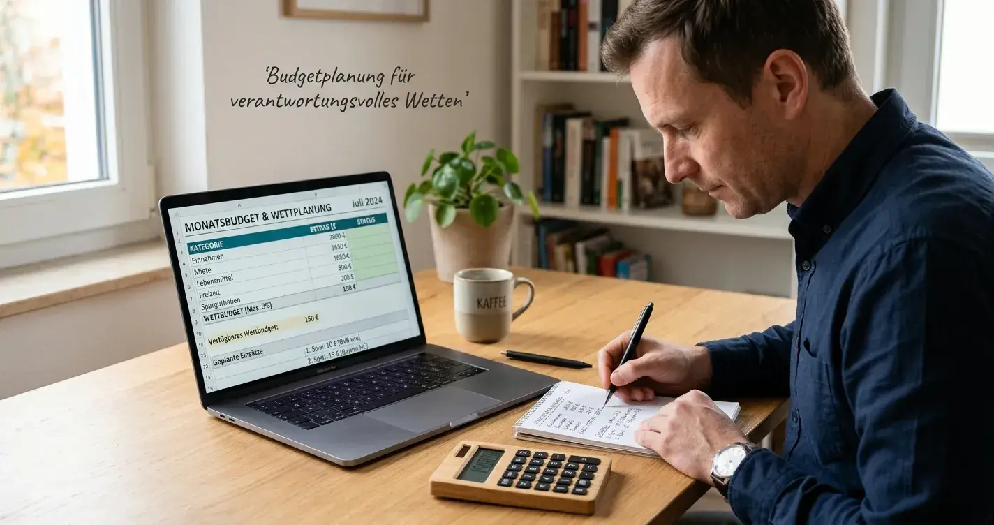Person am Laptop mit Notizblock, kalkuliert Budget und Einsätze mit Stift und Papier, ruhige Schreibtisch-Szene ohne Hektik