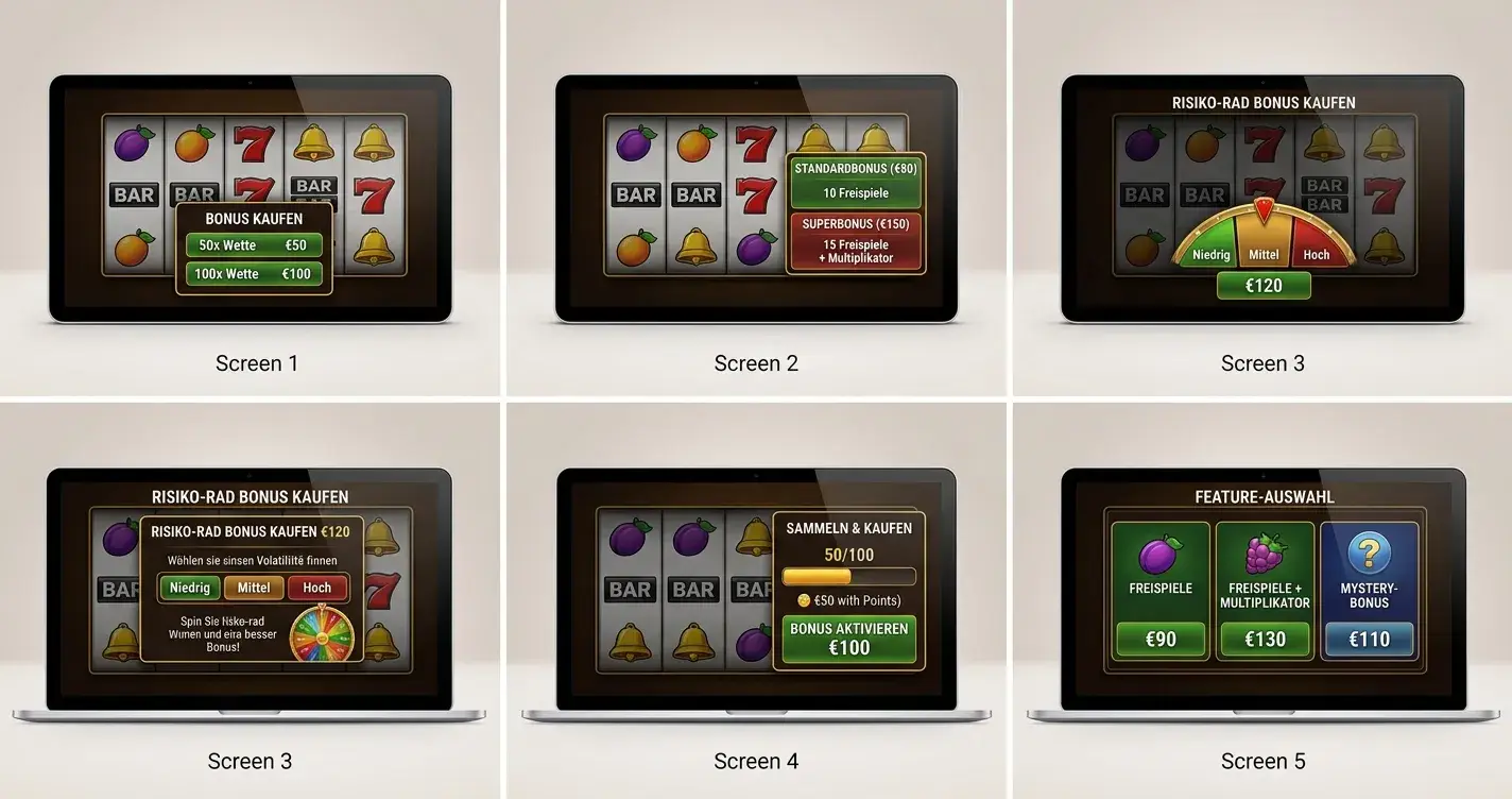 Vergleich von fünf Slot-Bildschirmen mit unterschiedlichen Bonus-Buy-Optionen