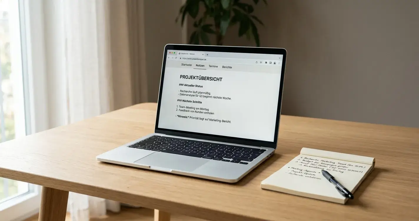 Laptop auf einem hellen Schreibtisch mit geöffnetem Browserfenster, daneben ein Notizblock mit handschriftlichen Stichpunkten