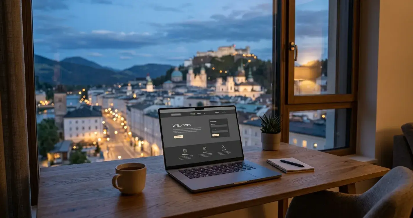 Laptop mit neutraler Online-Casino-Oberfläche auf einem Schreibtisch, im Hintergrund eine österreichische Stadtsilhouette bei Abendlicht