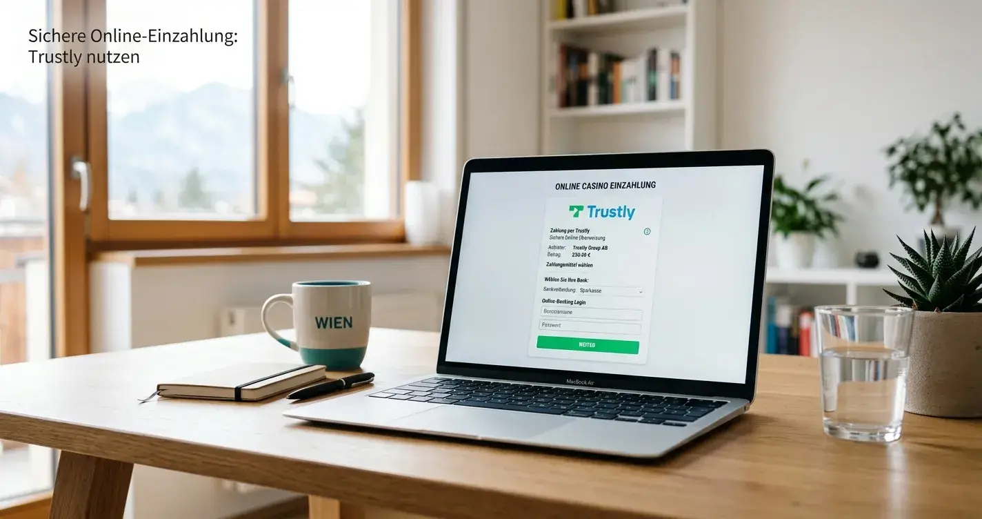 Laptop auf modernem Schreibtisch mit geöffnetem Online-Casino und Trustly-Zahlungsschnittstelle