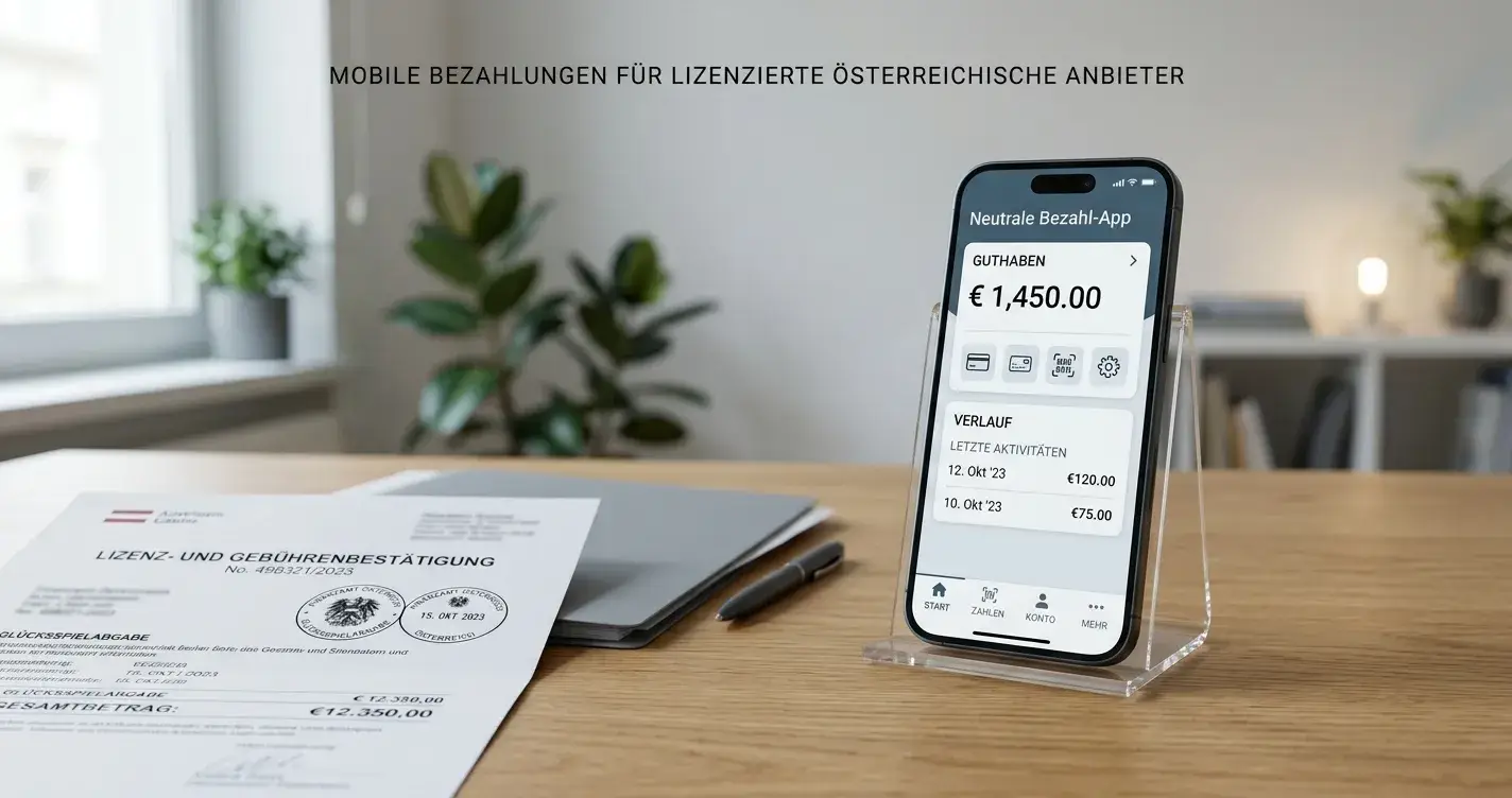 Smartphone mit mobiler Zahlungs-App auf einem Schreibtisch neben österreichischen Casino-Dokumenten