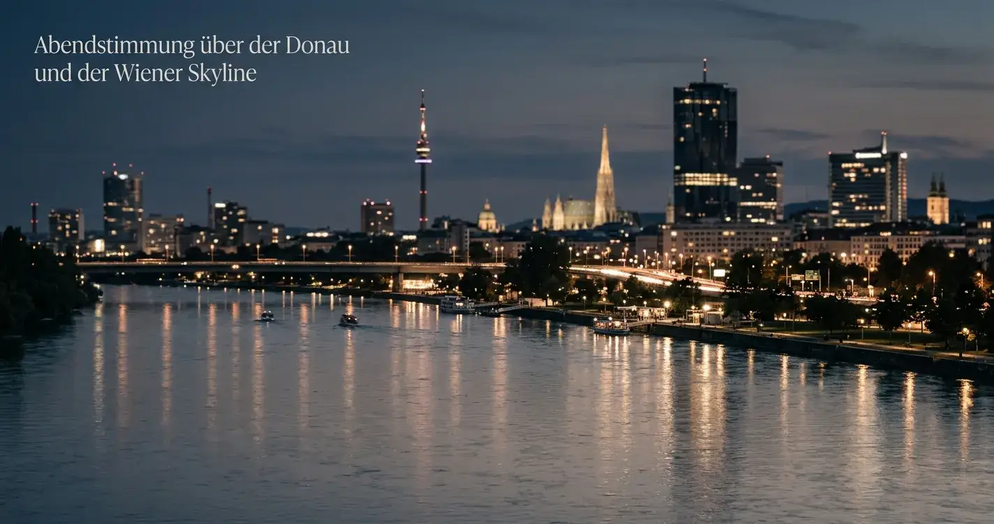 Nächtliche Skyline von Wien mit beleuchteter Donau und moderner Architektur als Symbol für das österreichische Online-Casino-Umfeld