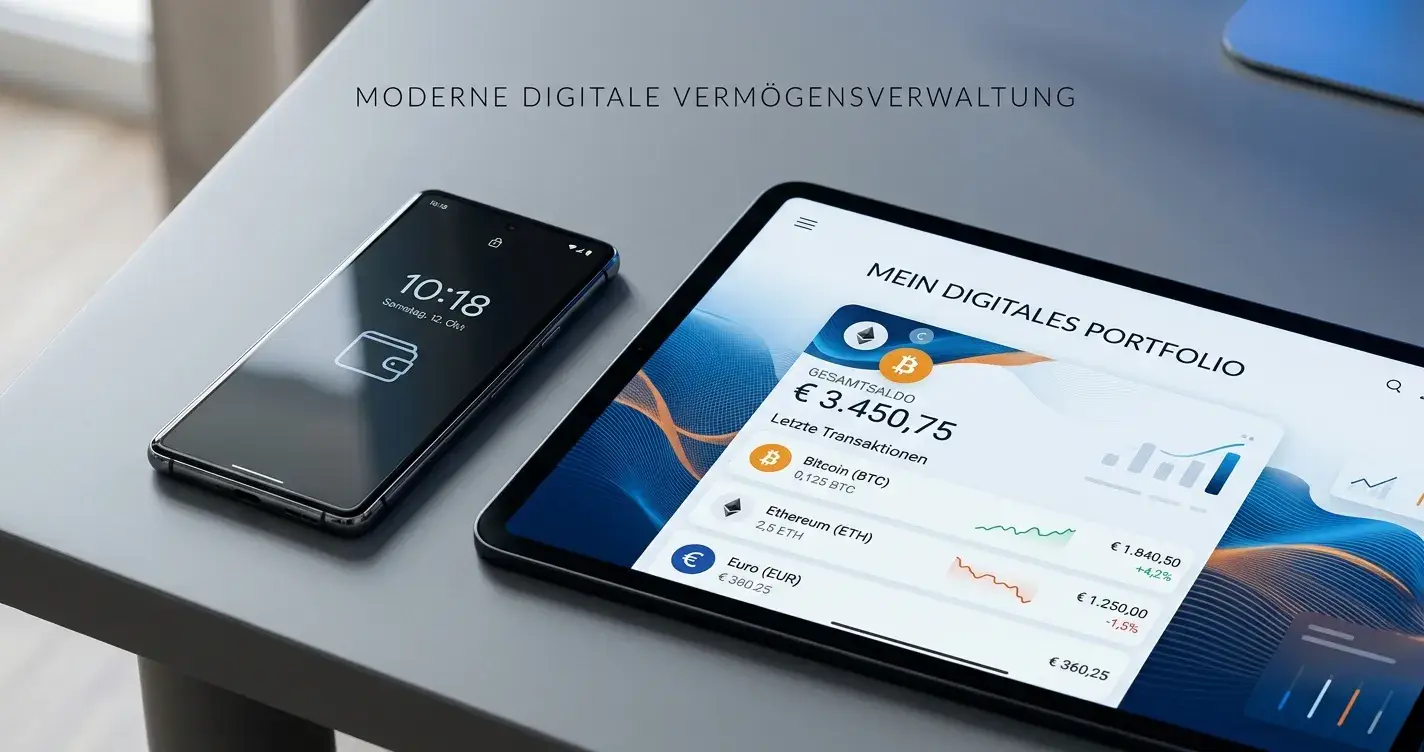 Bitcoin und Ethereum Münzen neben Smartphone mit Krypto-Wallet