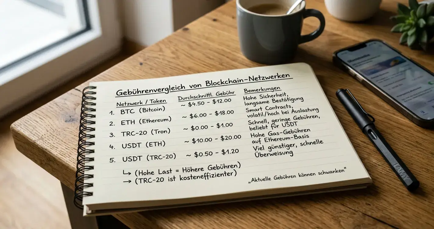 Notizblock mit Stift und Gebührenvergleich verschiedener Blockchain-Netzwerke