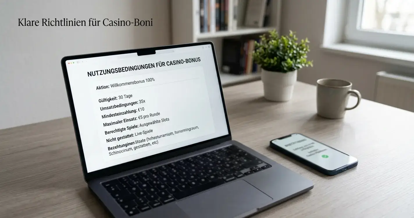 Laptop mit Casino-Bonusbedingungen neben Smartphone mit Zahlungsbestätigung