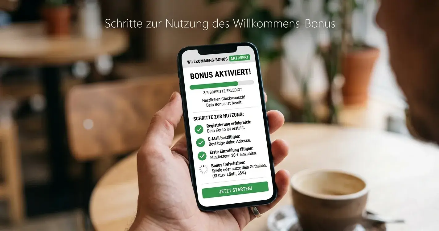 Smartphone mit aktiviertem Willkommensbonus und Schritt-für-Schritt-Anleitung