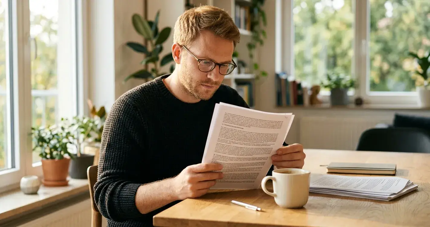 Person liest gedruckte Geschäftsbedingungen an einem hellen Schreibtisch mit Kaffeetasse