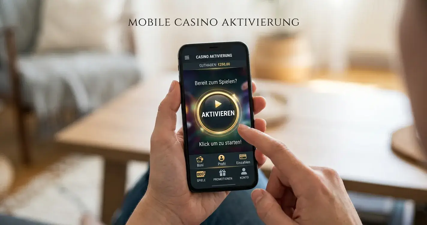 Smartphone in Hand zeigt Casino-App mit Bonus Crab-Aktivierungsbutton