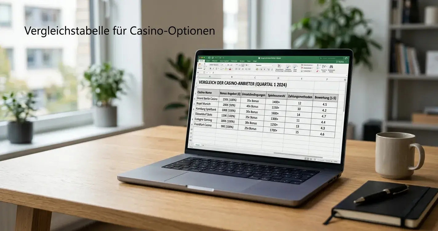 Vergleichstabelle auf Laptop-Bildschirm mit Casino-Namen und Konditionen