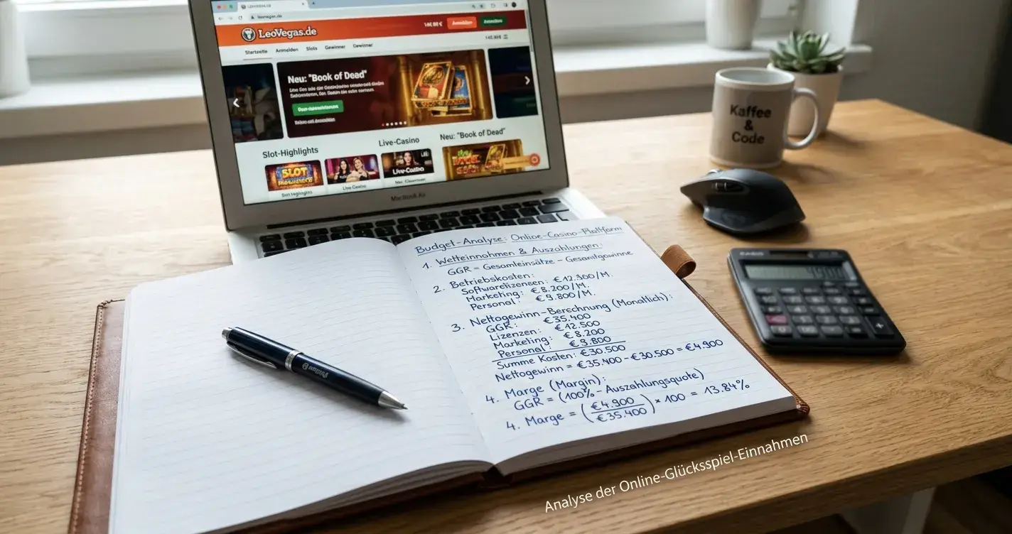 Schreibtisch mit Notizblock, Stift und Taschenrechner neben Laptop mit Casino-Seite