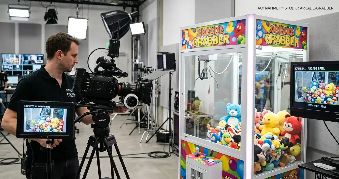 Live-Kamera zeigt physischen Greifautomaten mit bunten Preisen und mechanischem Arm
