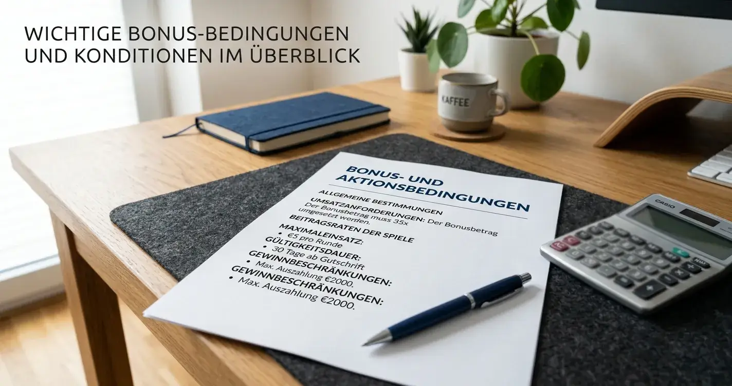 Schreibtisch mit Bonusbedingungen-Dokument und durchgestrichener Taschenrechner