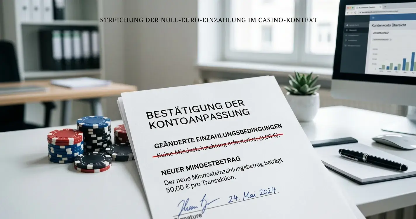Dokument ohne Einzahlung mit durchgestrichenem Geldbetrag und Casino-Chips
