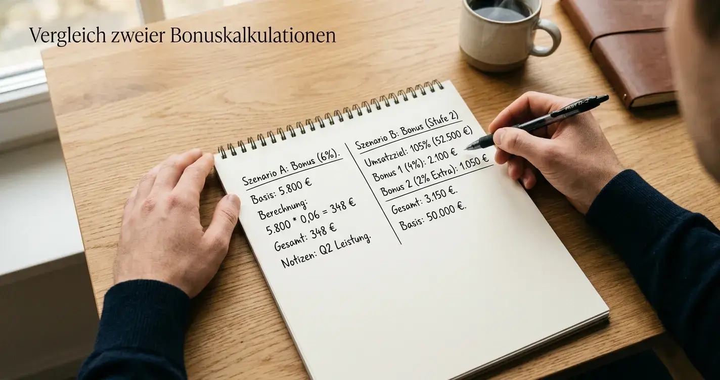 Ruhiger Schreibtisch mit Notizblock und Stift statt Taschenrechner