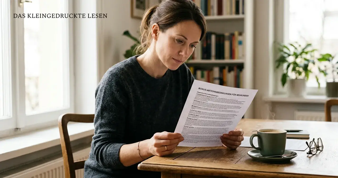 Person liest die Umsatzbedingungen eines Willkommensbonus in Ruhe durch