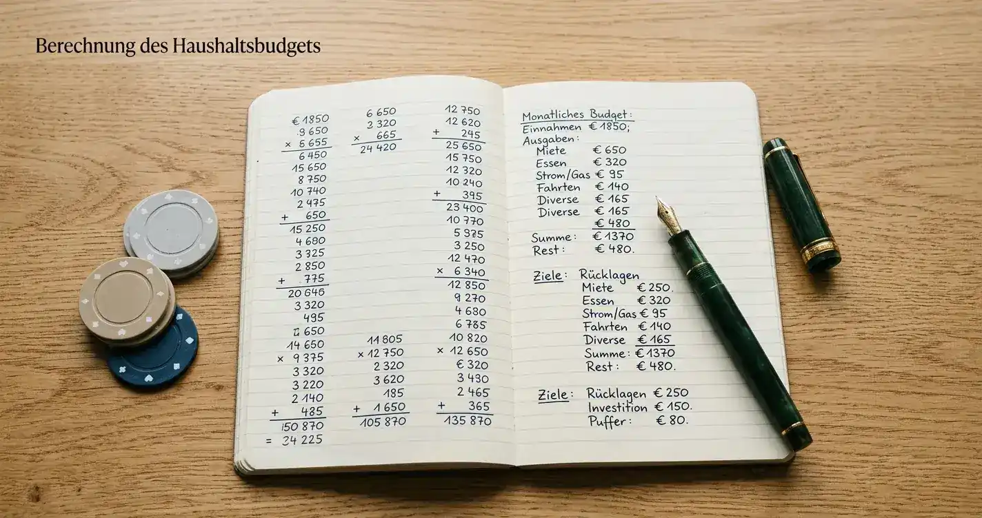 Notizbuch mit handschriftlichen Berechnungen und einem Kugelschreiber neben neutralen Casino-Chips