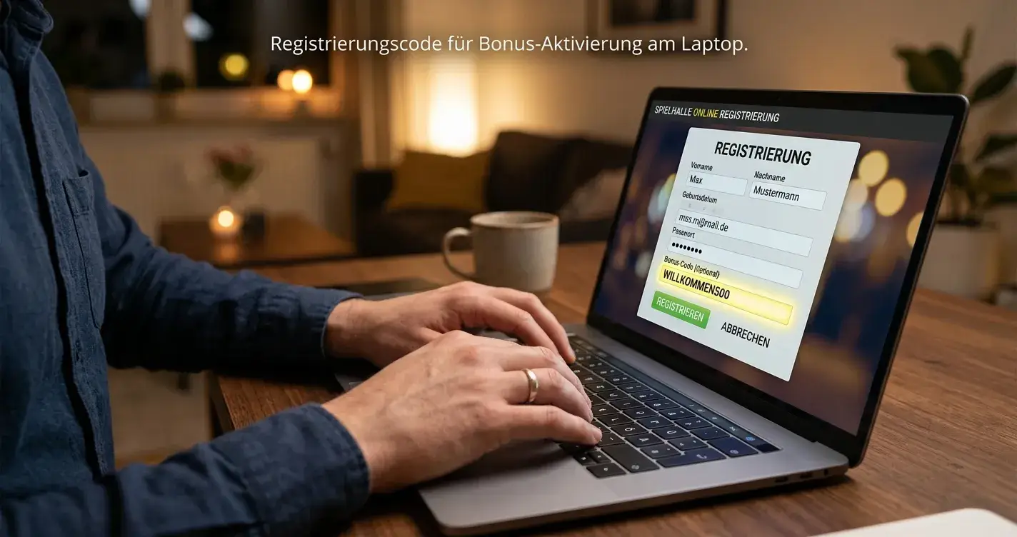 Bonuscode-Eingabe bei Casino-Registrierung auf Laptop-Bildschirm
