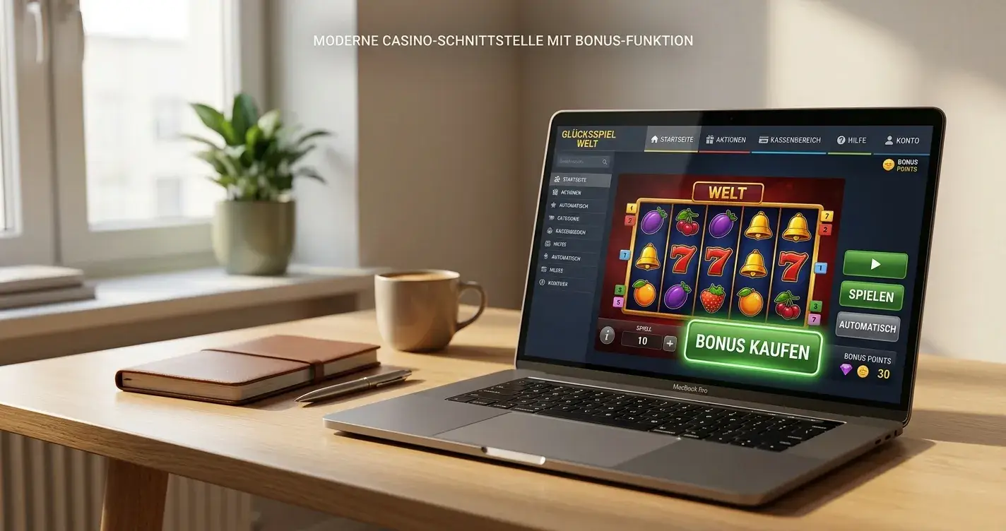 Laptop mit Casino-Interface und Bonuskauf-Button auf dem Display