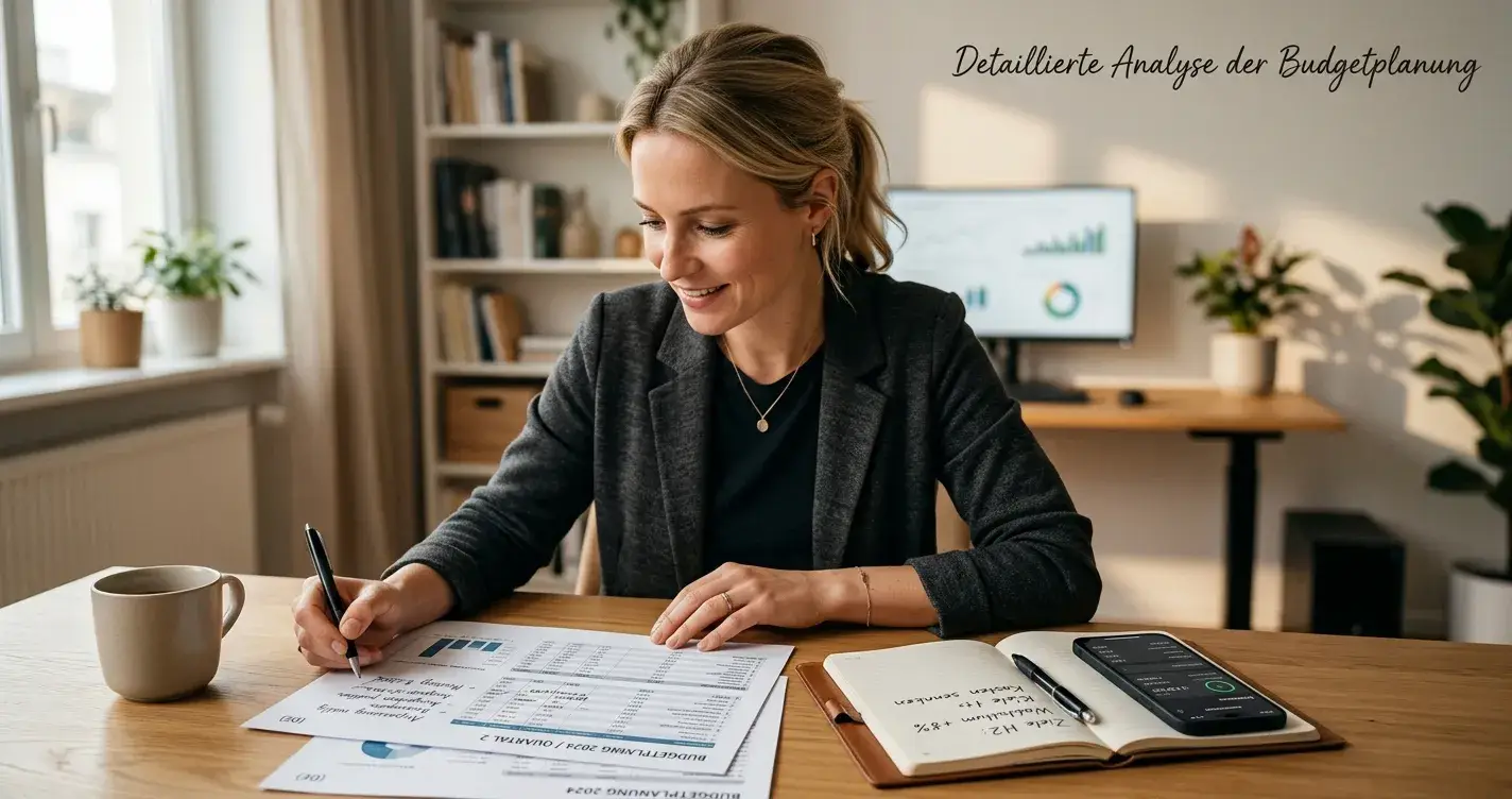 Person am Schreibtisch mit Taschenrechner und Budget-Planung für Slots