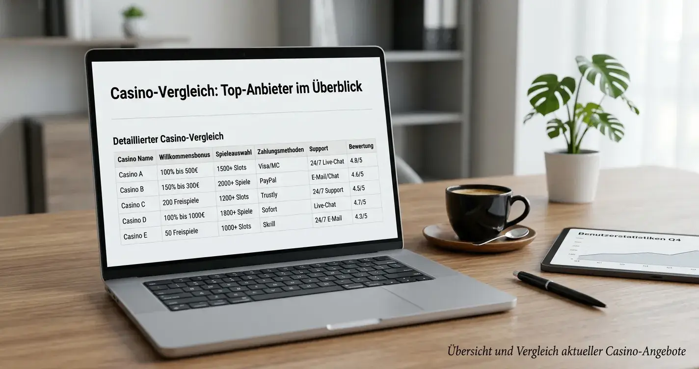 Vergleichstabelle verschiedener Online-Casinos auf Bildschirm