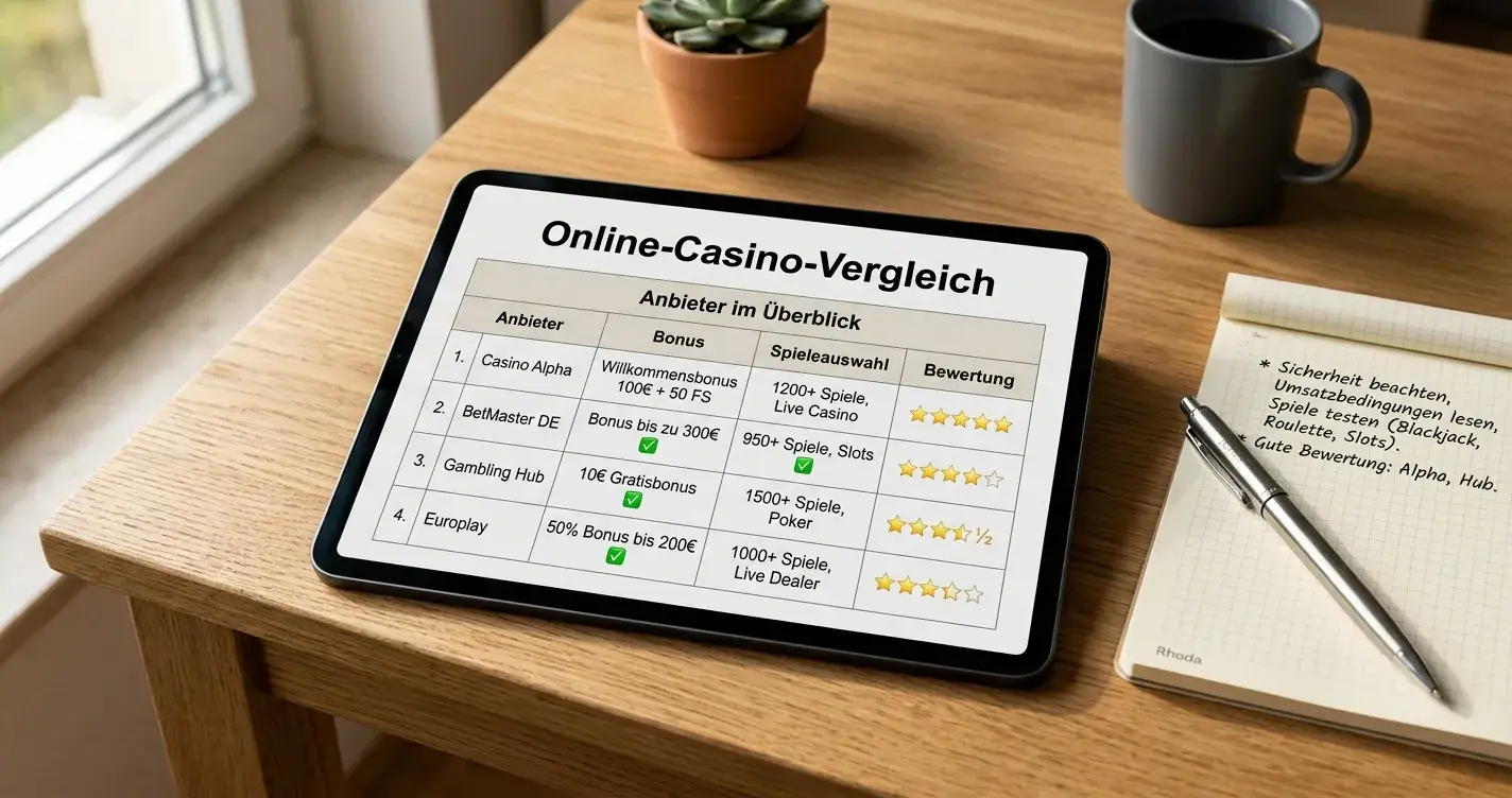 Vergleichstabelle auf einem Tablet mit Casino-Bewertungen und Lizenzsymbolen