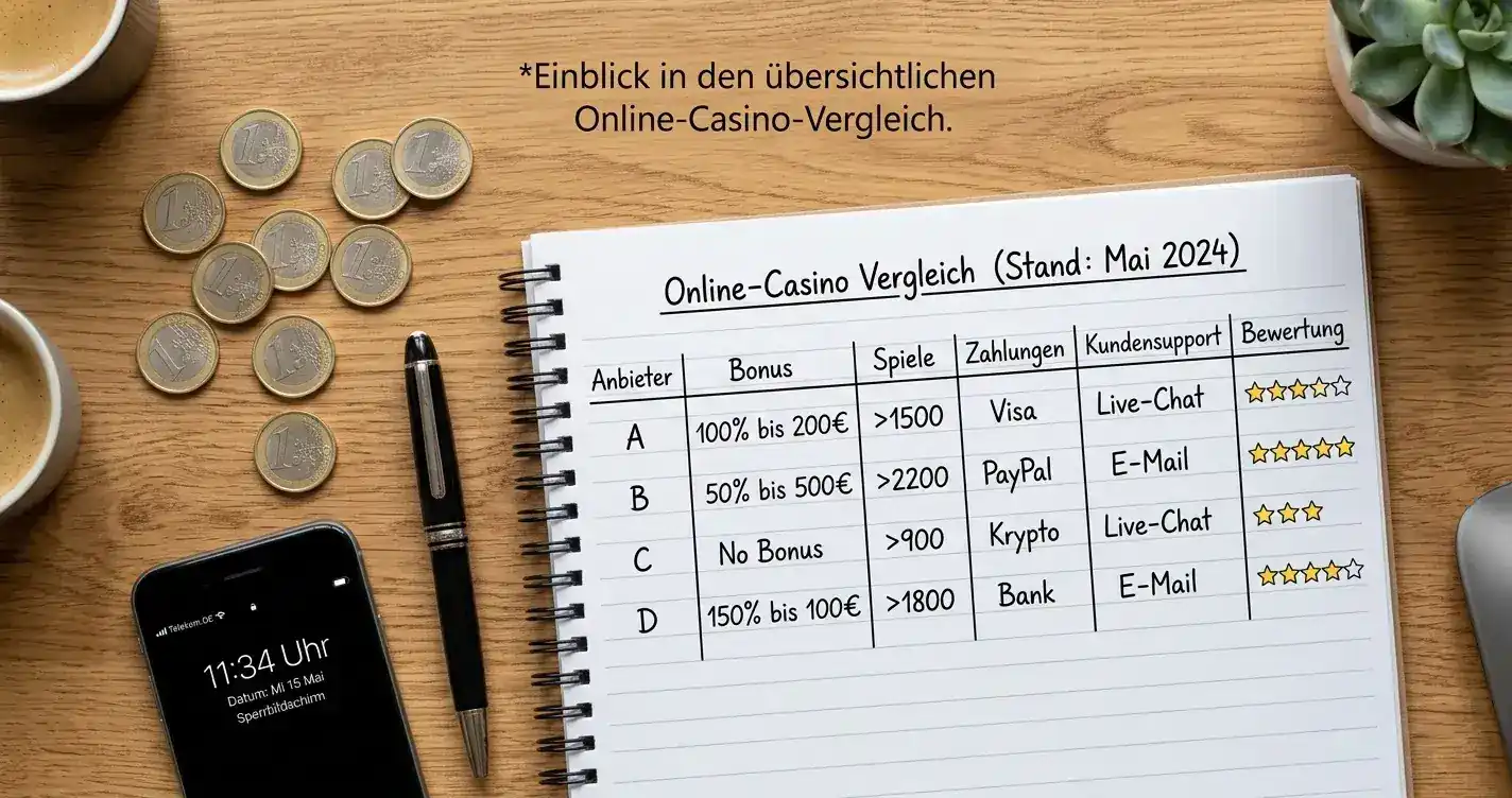 Notizbuch mit handgeschriebener Casino-Vergleichstabelle und Testeinzahlungen