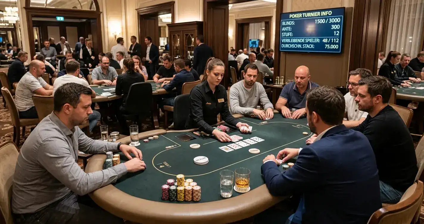 Live-Poker-Turnier in österreichischem Casino mit Spielern am Tisch