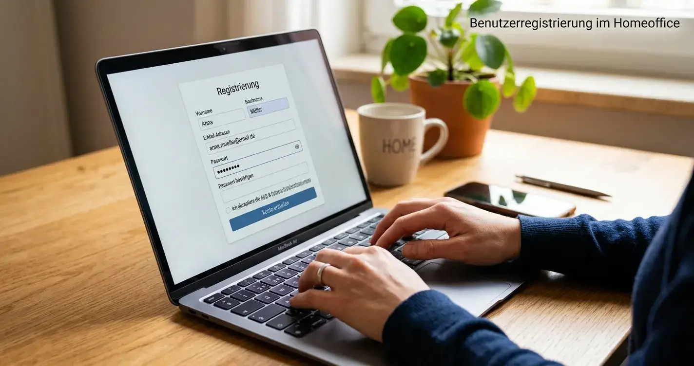 Person tippt Registrierungsformular auf Laptop