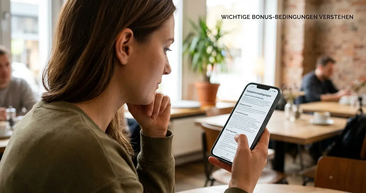 Person liest Bonusbedingungen auf Smartphone-Display