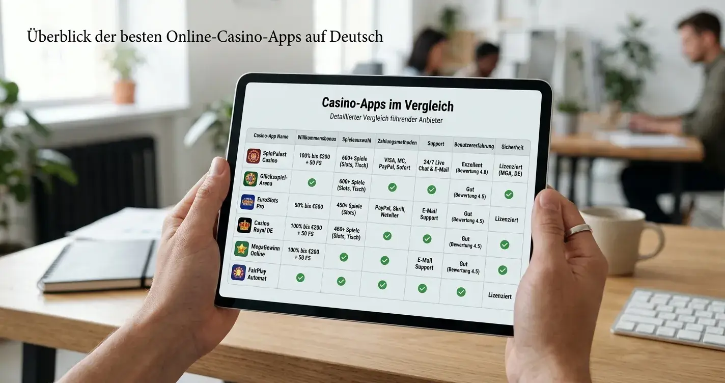 Vergleichstabelle Casino-Apps auf Tablet mit verschiedenen Anbietern