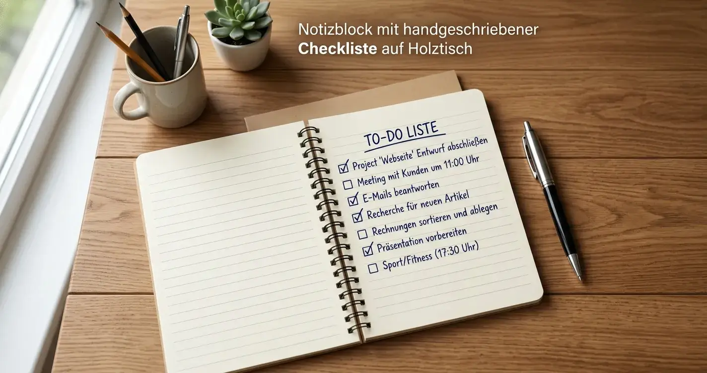 Notizblock mit handschriftlicher Checkliste für Casino-Auswahl auf Holztisch
